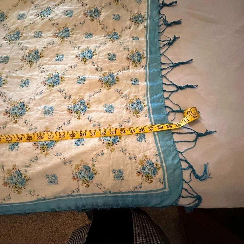 Dainty Silk Scarf Shawl Roses Blue Cream Cottagecore Fringe 39” x 41”